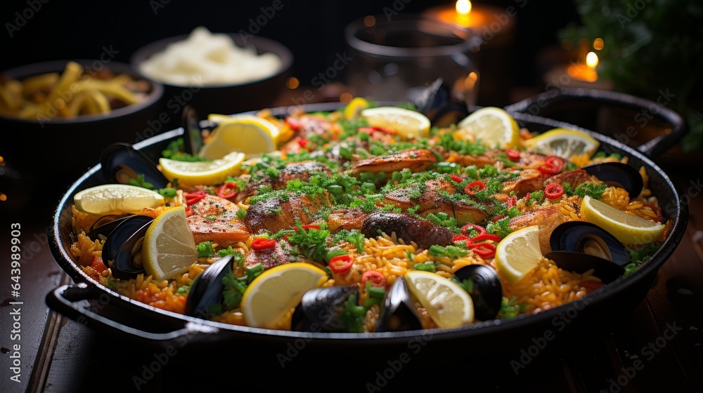 Seafood plate with shrimp, mussels, and lobsters served with lemon