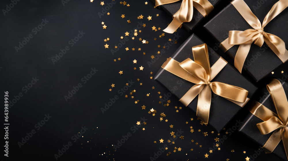 Black Gift Box gold ribbon and bow with gold glitter on black background. Festive decorative for Birthday, Merry Christmas, New Year, anniversary, valentine, wedding, celebration. Generative AI