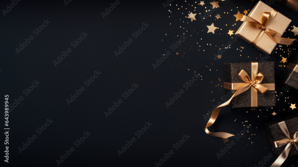 Gold Gift Box gold ribbon and bow with gold glitter on black background. Festive decorative for Birthday, Merry Christmas, New Year, anniversary, valentine, wedding, celebration. Generative AI Gold Gift Box gold ribbon and bow with gold glitter on black background. Festive decorative for Birthday, Merry Christmas, New Year, anniversary, valentine, wedding, celebration. Generative AI