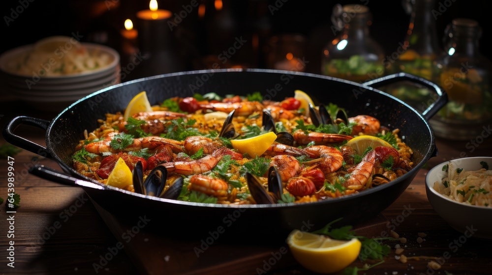 Seafood plate with shrimps, mussels, and lobsters served with lemon