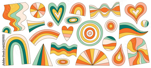Groovy retro hipster colorful rainbow drawing positive element set of different shape and form