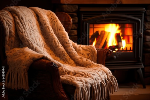 Photo In the living room there is a close-up armchair with a white plaid