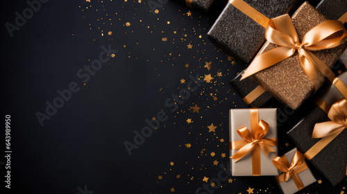 Gold Gift Box gold ribbon and bow with gold glitter on black background. Festive decorative for Birthday, Merry Christmas, New Year, anniversary, valentine, wedding, celebration. Generative AI © goku4501