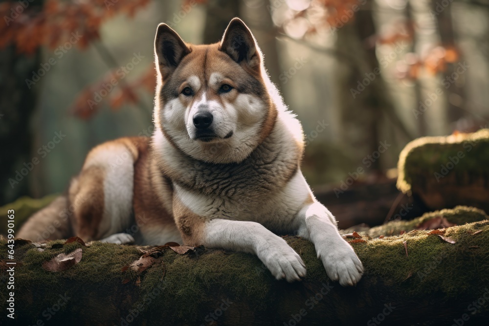 Close-up portrait photography of a curious akita laying down wearing a jumper against a backdrop of a mystical forest. With generative AI technology