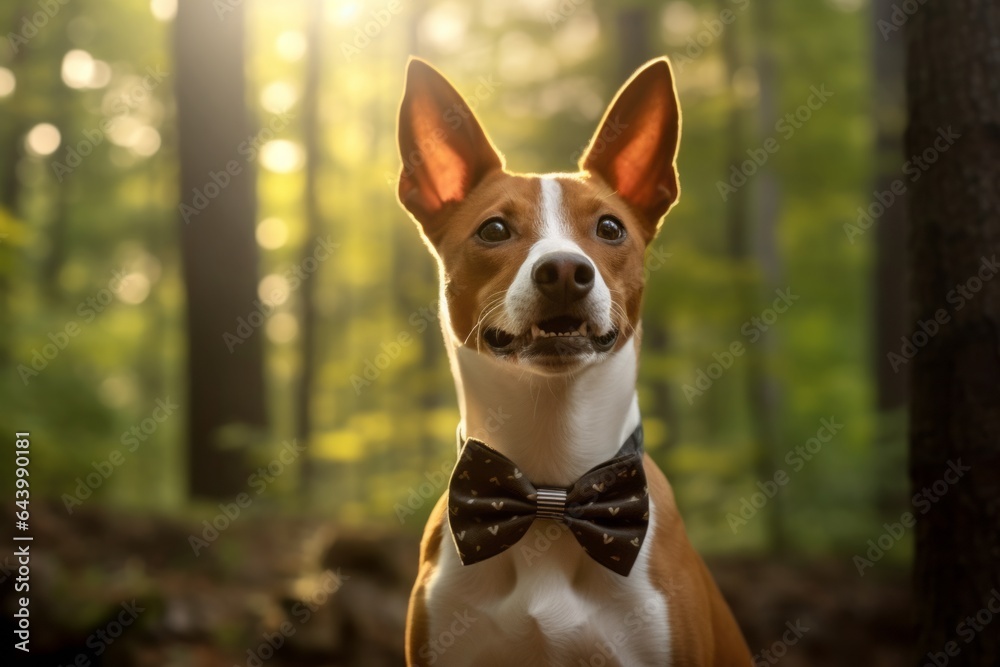 Environmental portrait photography of a cute basenji dog winking wearing a cute bow tie against a backdrop of a mystical forest. With generative AI technology