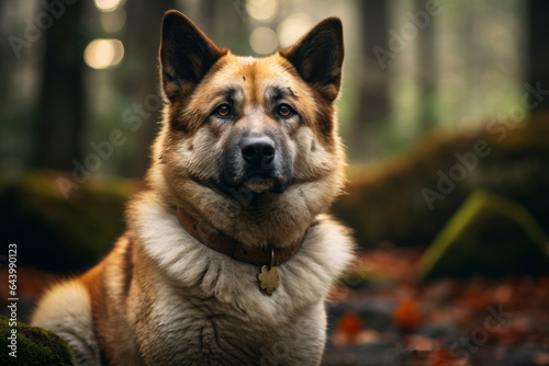 Close-up portrait photography of a curious akita laying down wearing a jumper against a backdrop of a mystical forest. With generative AI technology