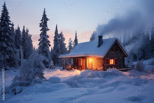 A wooden house, in which the light is on and the stove is heated, stands in a snow-covered forest in winter. The concept of warmth and comfort of a country vintage vacation in the forest. © volga