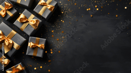 Black Gift Box gold ribbon and bow with gold glitter on black background. Festive decorative for Birthday, Merry Christmas, New Year, anniversary, valentine, wedding, celebration. Generative AI