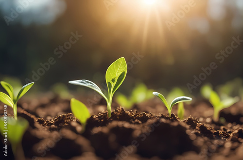 The seedling are growing from the rich soil to the morning sunlight that is shining, ecology concept