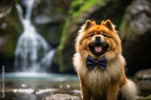 Medium shot portrait photography of a happy chow chow dog licking lips wearing a cute bow tie against a backdrop of a spectacular waterfall. With generative AI technology photo