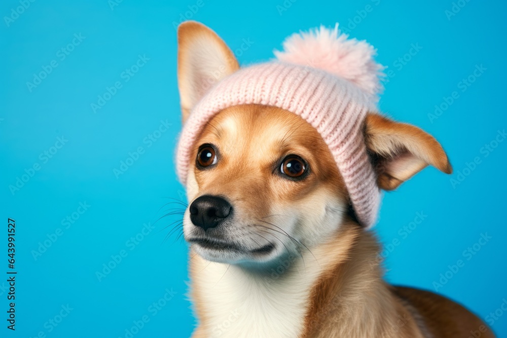 Photography in the style of pensive portraiture of a cute norwegian lundehund running wearing a winter hat against a pastel blue background. With generative AI technology Photography in the style of pensive portraiture of a cute norwegian lundehund running wearing a winter hat against a pastel blue background. With generative AI technology