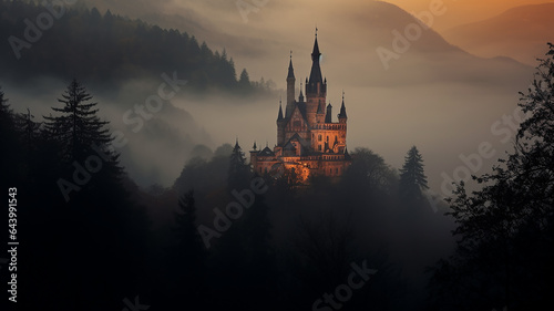 misty landscape in autumn mountains lighting, medieval princess castle glows in the night landscape among the clouds © kichigin19