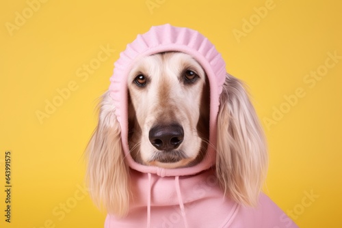 Studio portrait photography of a funny afghan hound dog napping wearing a bee costume against a pastel pink background. With generative AI technology