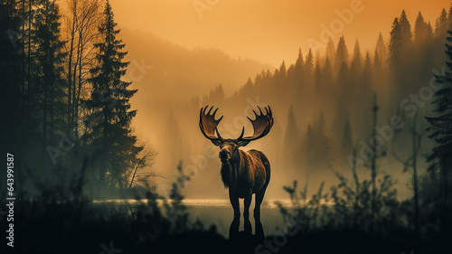 silhouette of a moose with big horns in autumn fog, wildlife landscape © kichigin19