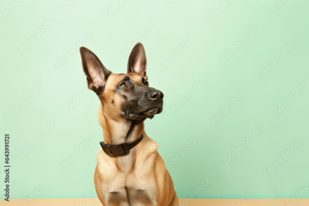 Medium shot portrait photography of a cute belgian malinois dog scratching furniture wearing a fairy wings against a pastel green background. With generative AI technology