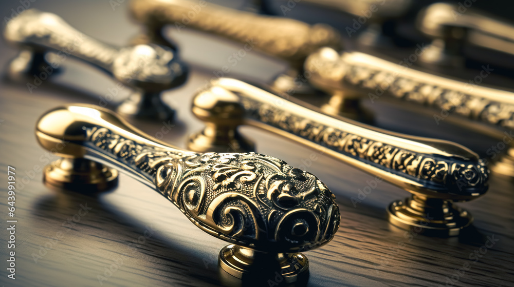 Classic vintage door handles on wooden surface, generative AI. - obrazy, fototapety, plakaty 