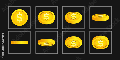 Gold coin with dollar sign animation. Gold coins rotating effect. 2d vector animation sprite sheet.