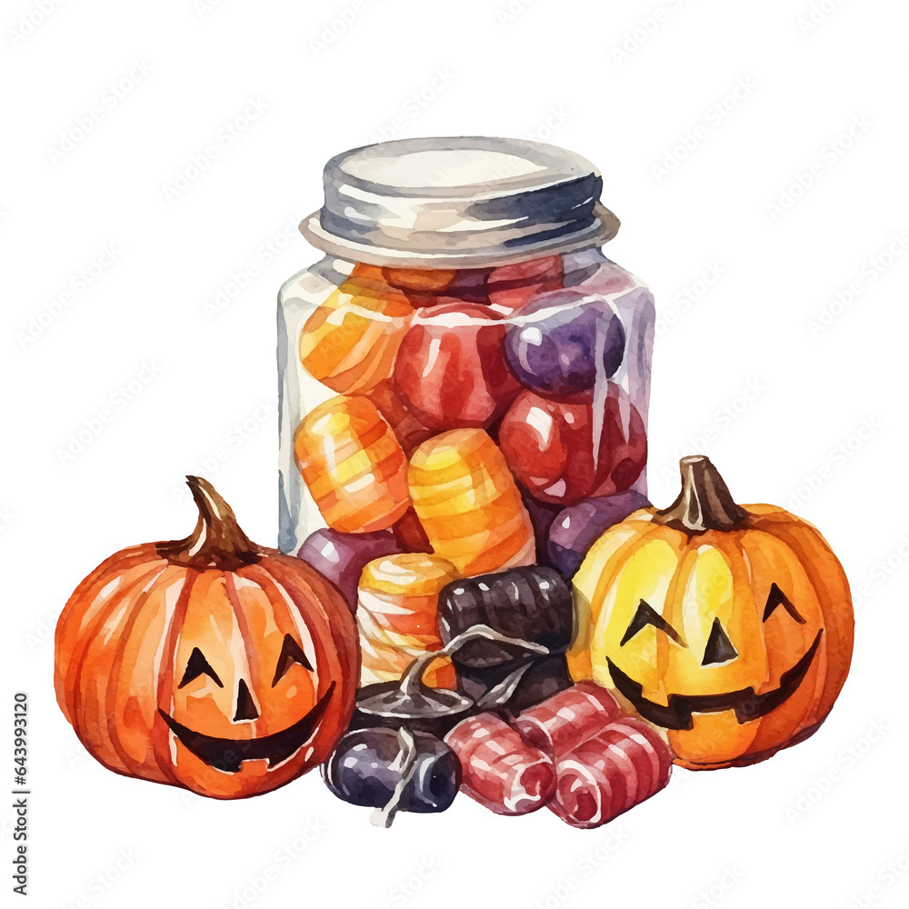 Halloween candies watercolor illustration, generative AI Halloween candies watercolor illustration, generative AI