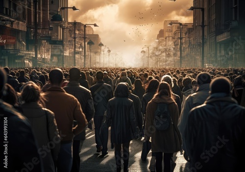 A crowd of people walks down the streets
