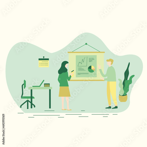 Modern vector illustration. Flat illustration concept of business meeting, teamwork, training, improving professional skill.Employee presenting and discussing with female supervisor using data analyze