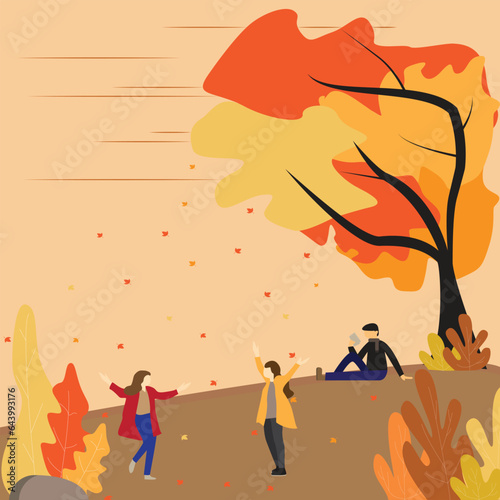 Flat illustration of two women enjoying falling leaves and men sitting under a tree in the park in the afternoon in the autumn season. Vector illustration of autumn background.