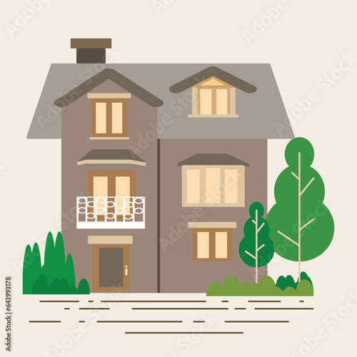 Flat illustration of modern house design with wood brown color. House front cartoon vector illustrations.