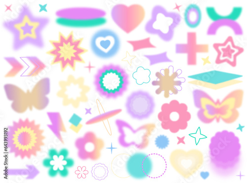 Blurred gradient sticker big set with abstract geometric holographic shape in trendy y2k style