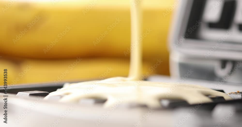 Liquid dough poured waffle iron machine to prepare Belgian waffle. Food preparation. Close up shot. High quality 4k footage Liquid dough poured waffle iron machine to prepare Belgian waffle. Food preparation. Close up shot. High quality 4k footage