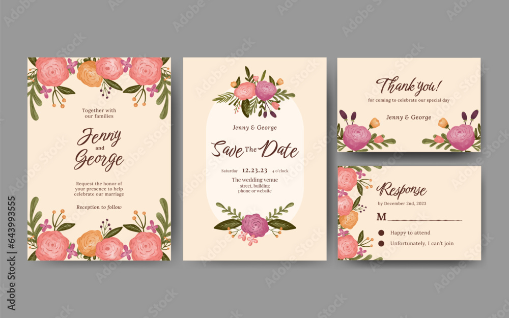 wedding invitation card template design pastel color floral illustration