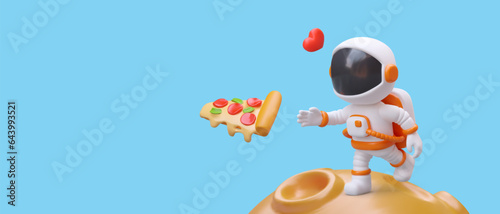 Astronaut catches slice of pizza in outer space. Advertisement of pizzeria. Italian cuisine. Concept with illustration in cartoon style. Banner on blue background