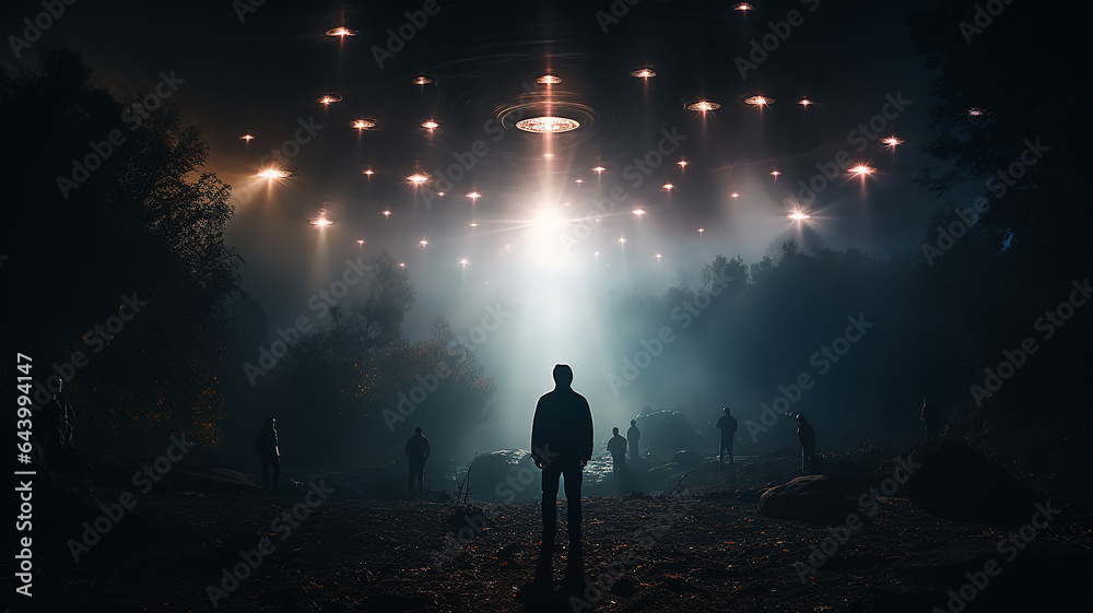 Fototapeta premium silhouette of a man in the night fog against the background of a landing UFO, kidnapping