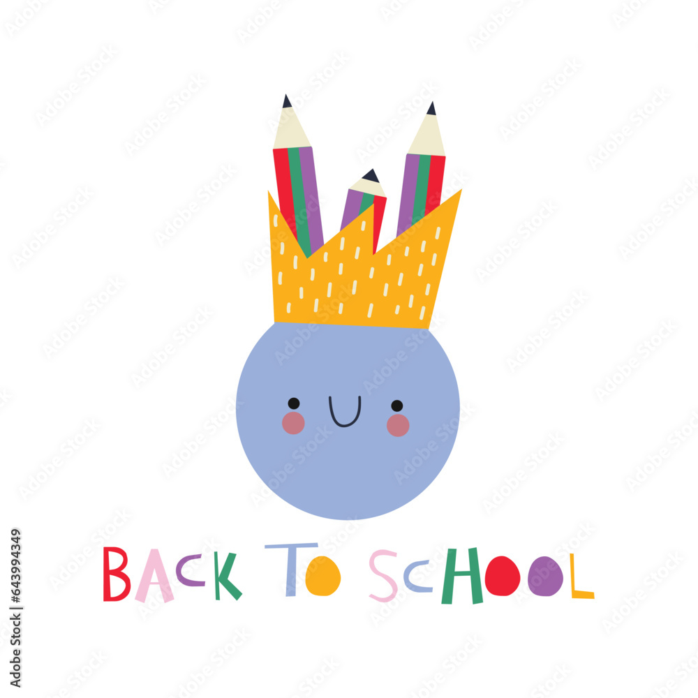 Obraz premium Back to school! Cute vector illustration for a poster, banner or card with a cartoon vase with bright pencils. Teacher's Day. Greeting card for school. 