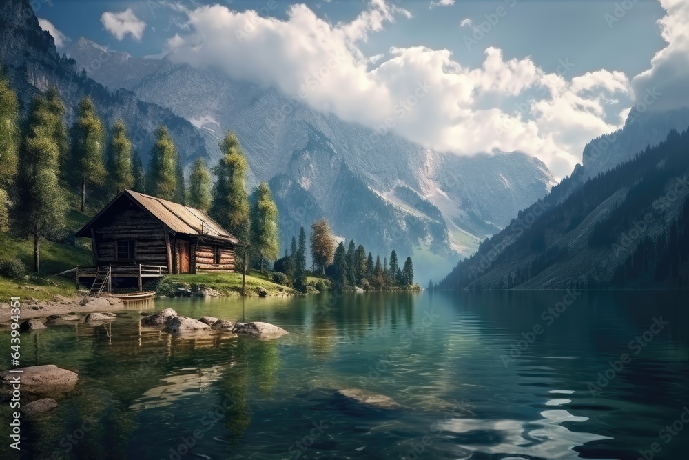 Idyllic Wooden Cabin on a Lake Amidst Mountains - Italian Landscape Style - Generative AI