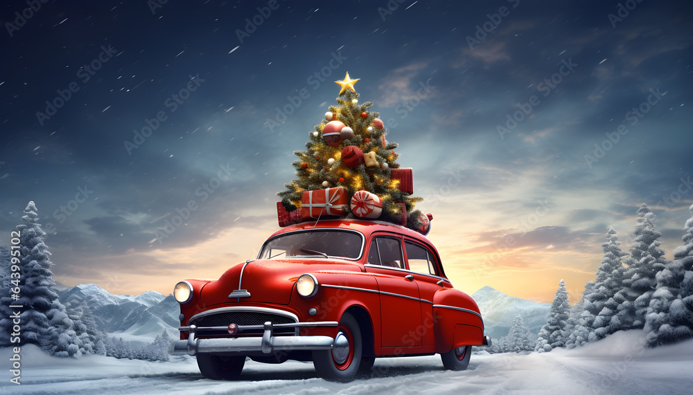 Red car carrying a Christmas tree on the roof in a snowy. Generative AI	
 - obrazy, fototapety, plakaty 