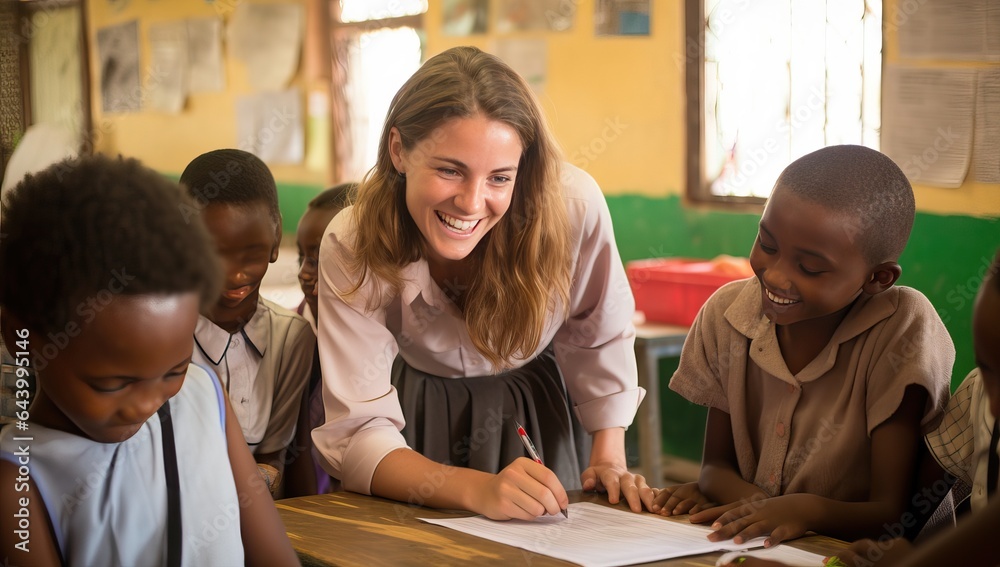 Portrait of smiling teacher and pupils writing notes in classroom at school Portrait of smiling teacher and pupils writing notes in classroom at school
