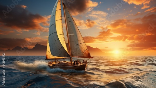 Sailing boat in the sea at sunset.
