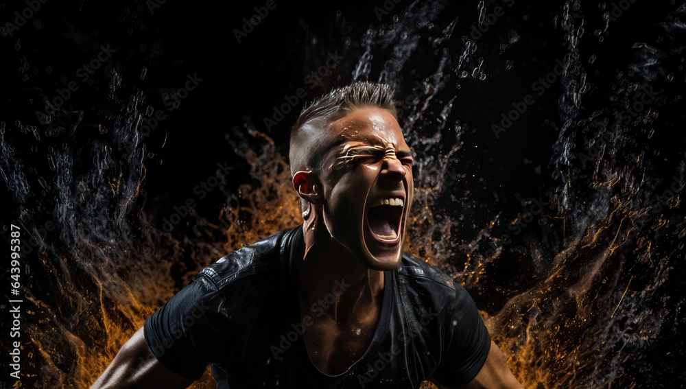 Portrait of a young man on a black background with splashes of water. Portrait of a young man on a black background with splashes of water.