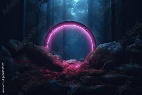 Abstract portal stone gate with neon circle glowing light in the dark wood forest space landscape of cosmic, rocky mountain stone field, spectrum light effect. photo