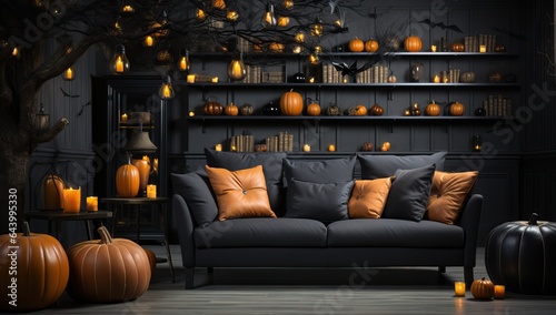 Black sofa with orange pillows in halloween interior © Meow Creations