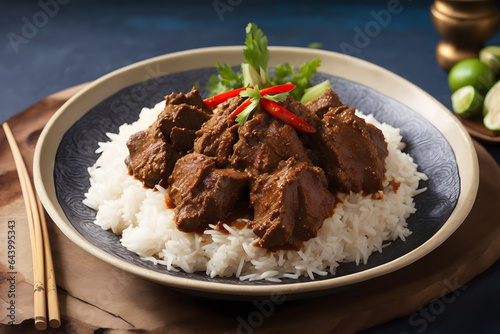 Rendang is an Indonesian dish. It is a meat-rich dish slow cooked and simmered in coconut milk flavored with a mixture of herbs and spices