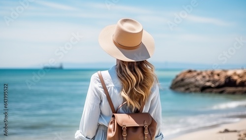 back view of young woman in straw hat and sunglasses looking at sea