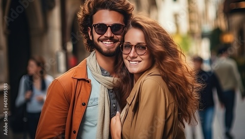 Beautiful young couple is hugging and smiling while walking in the city