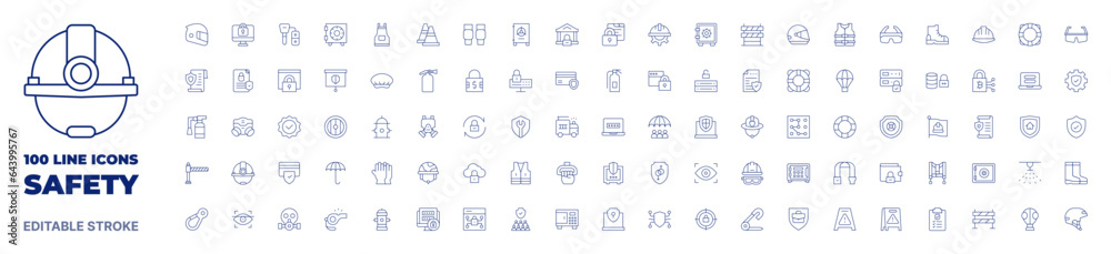 100 icons Safety collection. Thin line icon. Editable stroke. Safety icons for web and mobile app.