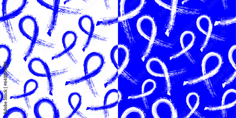 Fototapeta premium Calligraphic and brush stroke Blue Awareness Ribbon Seamless and repeatable pattern on white and Blue backgrounds. Scalable Vector Illustration.