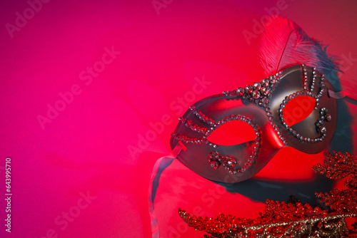 Carnival mask with feather on dark background, space for text