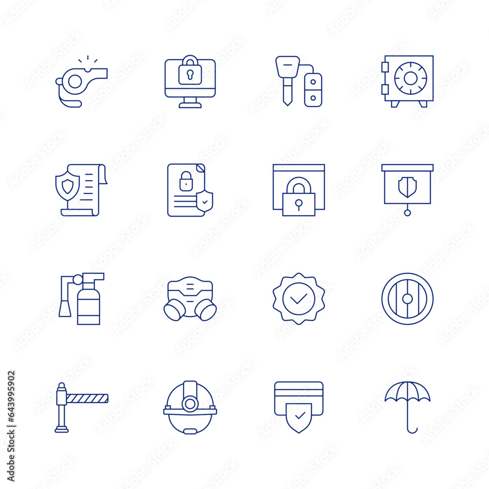 Safety line icon set on transparent background with editable stroke. Containing computer, contract, file, fire extinguisher, gas mask, gate, helmet, key, padlock, quality, safety, safety box.