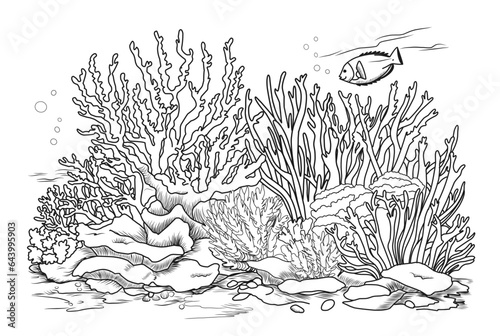 Underwater world coloring page. Coloring page life in the ocean with algae