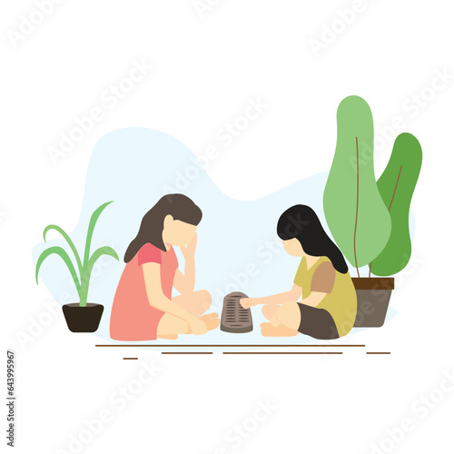 Vector illustration of two girls playing dhakon. Indoor flat illustration of traditional congklak or dakon game.