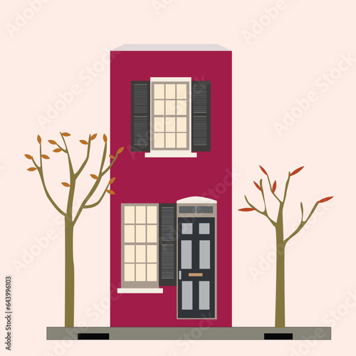 Flat illustration modern residential and office building design in a big city with maroon color. House front cartoon vector illustrations.