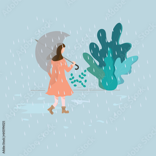 Vector flat illustration of a woman with an umbrella .
